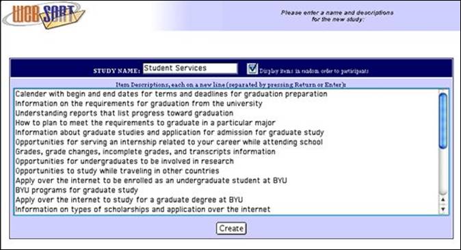 Figure 2. Screen to enter study name and item descriptions.